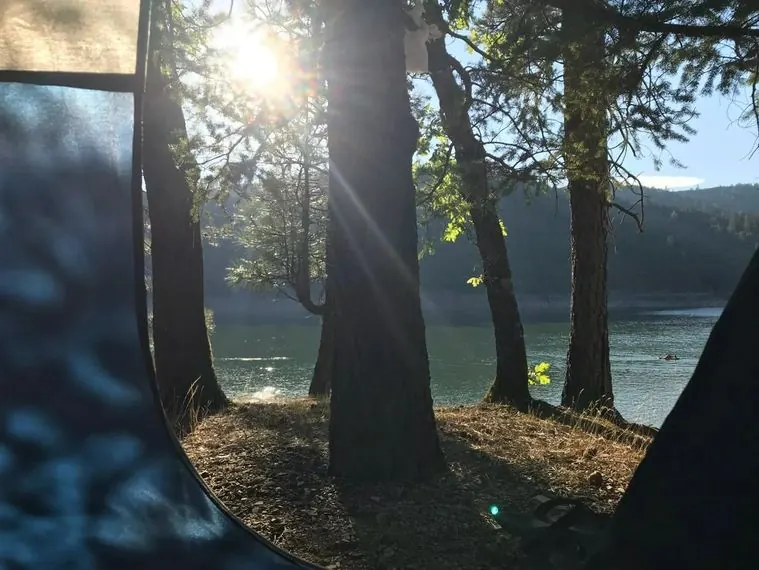 View from inside a tent at Arbuckle Flat, looking through pines to the sunlit water of Shasta Lake